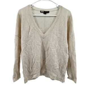 360 Cashmere Pullover Sweater V Neck Dolman Ribbed Trim Cream XSP